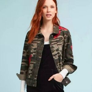 Anthropologie Olive Camo Jean Jacket with Red Floral Accents